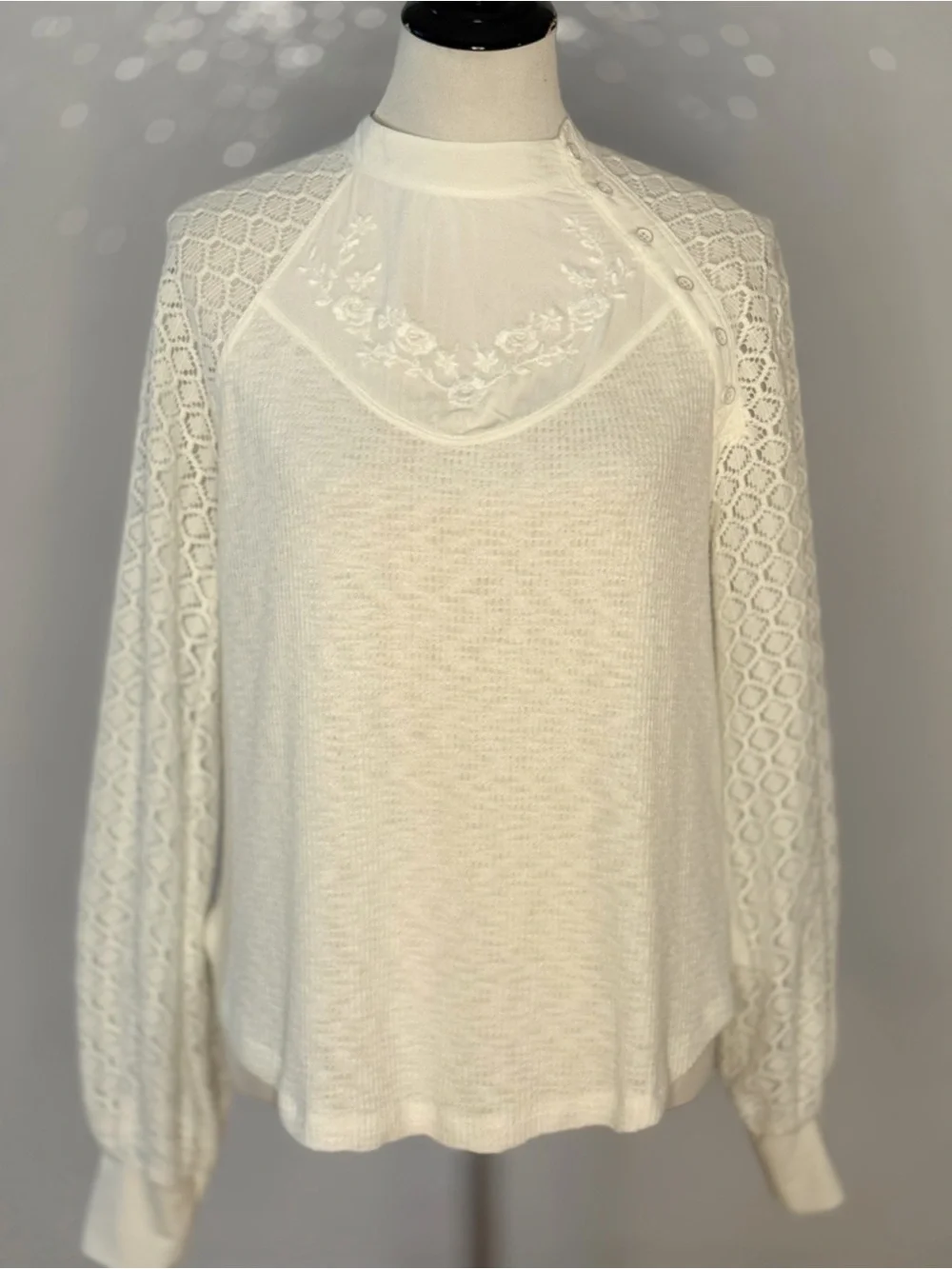 Free People Sweetest Thing Thermal Top Ivory Lace Sleeve Boho Cottagecore